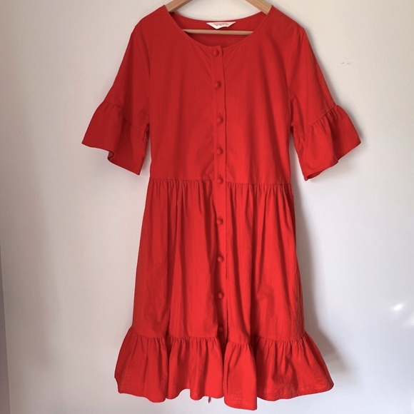Gorman Organic Summer Red Ruffle Button Up Midi Sundress Short Bell Sleeves NEW - Picture 1 of 14